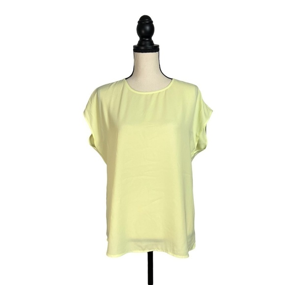 Halogen Short Sleeve Shirt Blouse Medium Yellow / Green Neon Keyhole back Sheer - Picture 1 of 7